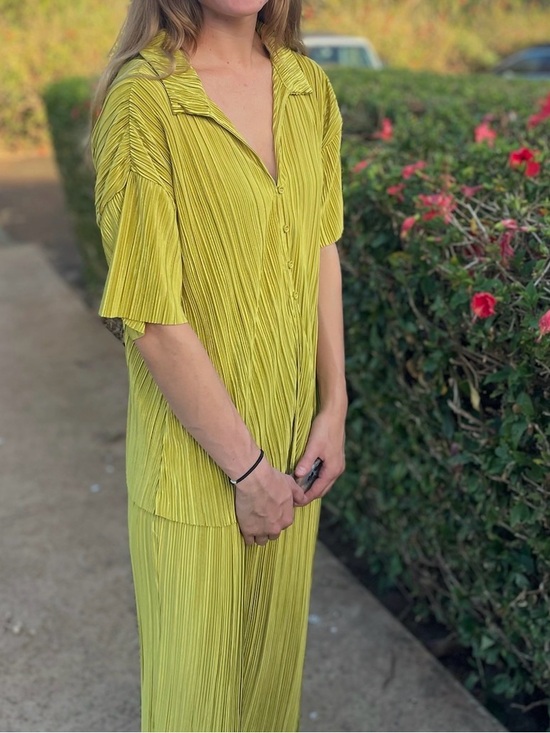 new in Other - Pleated Button-Front Pajama Set in Chartreuse - Women